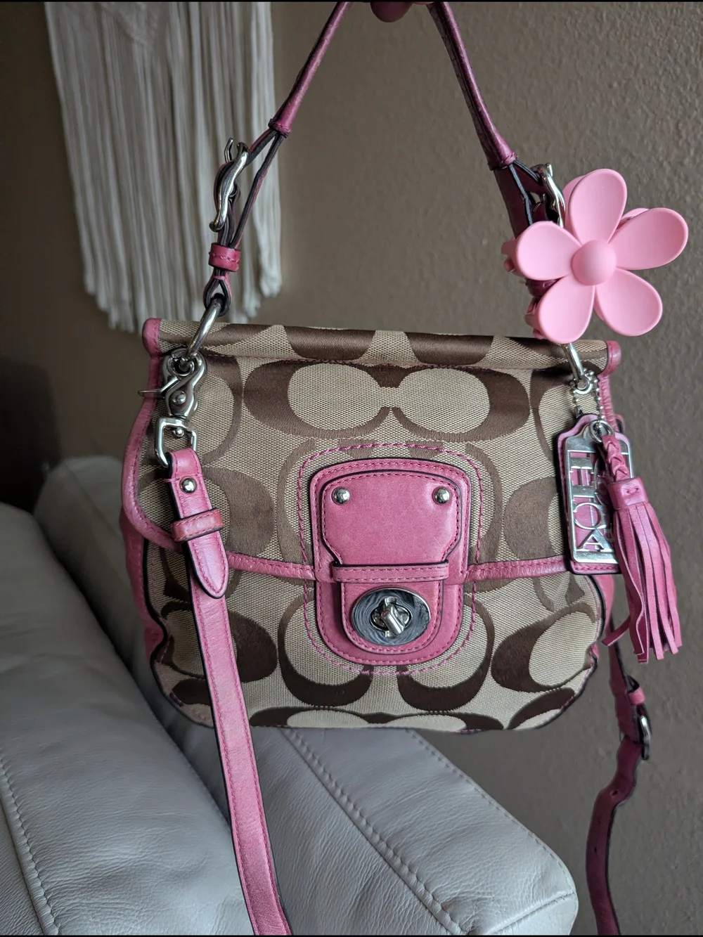Coach Signature Canvas Shoulder Bag with Pink Leather Trim